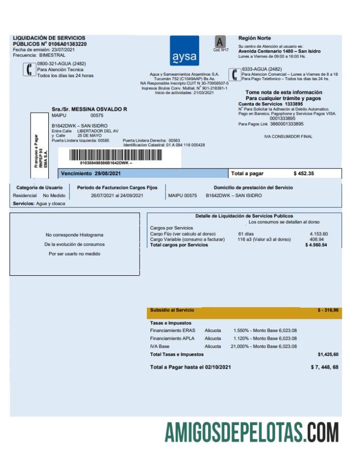 Em branco modelo de conta de serviços públicos de água da Argentina Aysa em formato Word e PDF (.doc e .pdf)